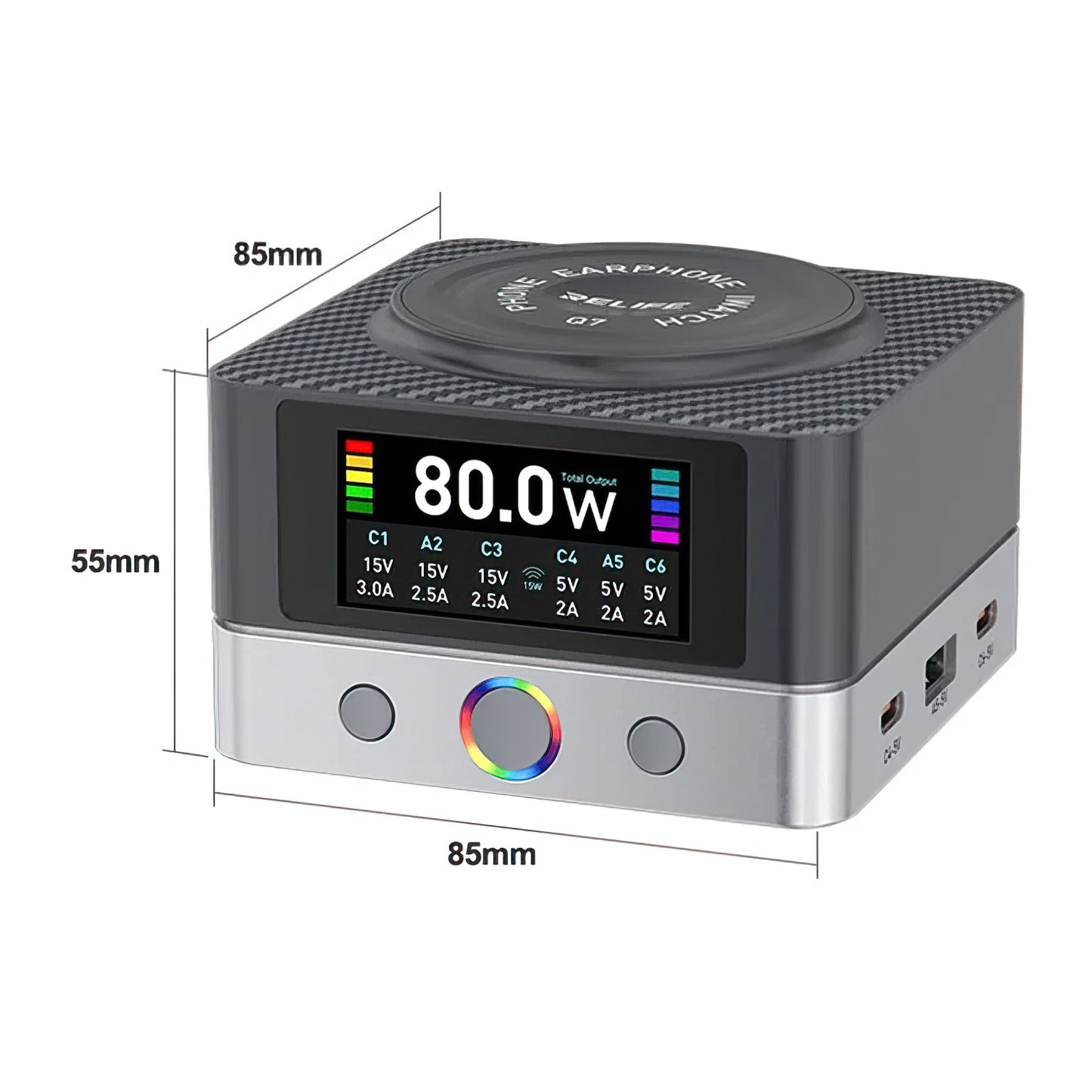 Carregador Estação Relife Q7 QI, 80W, 3.25A, 2 x USB-A - 4 x USB-C, Cinzento