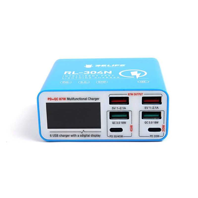 Carregador Estação Relife RL-304N, 87W, 3A, 2 x USB-C - 4 x USB-A, Azul
