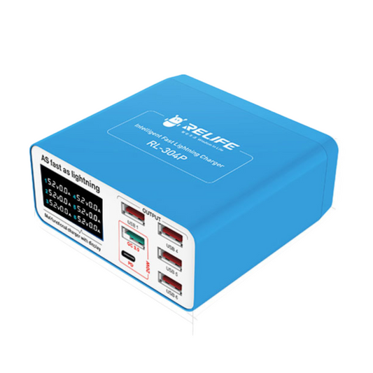 Carregador Estação Relife RL-304P, 40W, 3A, 1 x USB-C - 5 x USB-A, Azul