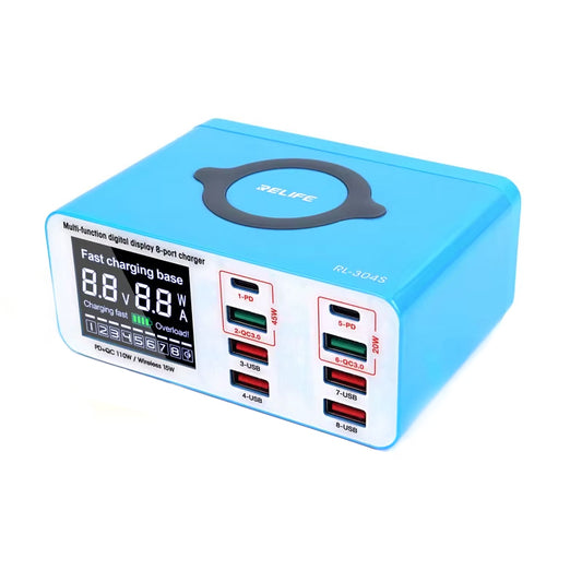 Carregador Estação Relife RL-304S QI, 110W, 3A, 2 x USB-C - 6 x USB-A, Azul