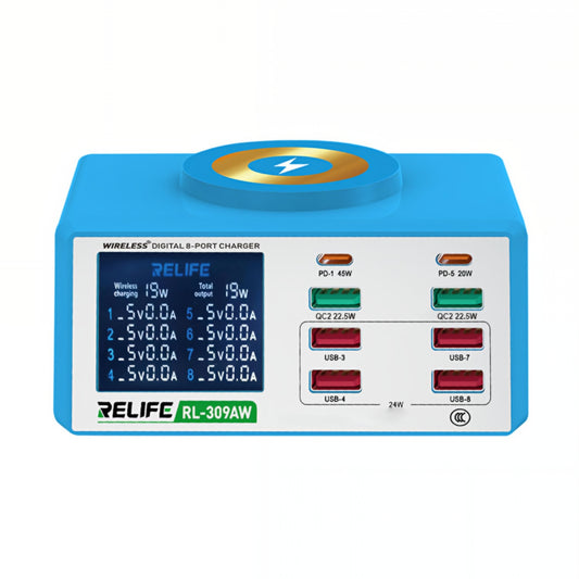 Carregador Estação Relife RL-309AW, 100W, 5A, 2 x USB-C - 6 x USB-A, Azul