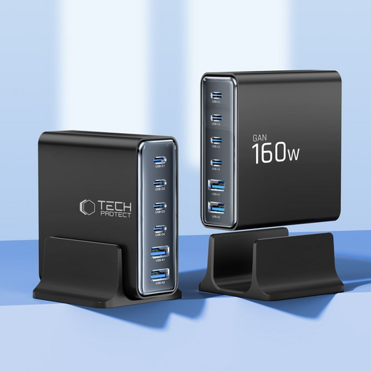Carregador Estação Tech-Protect DC160W-GAN, 160W, 5A, 2 x USB-A - 4 x USB-C, Preto