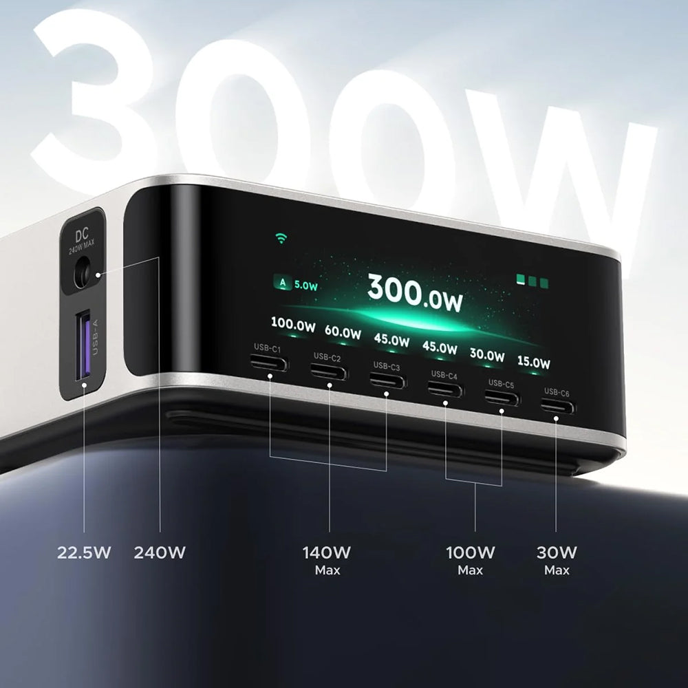 Carregador Estação UGREEN Nexode Pro X783 (75753B) com ecrã, 300 W, 5 A, 1 x USB-A - 6 x USB-C - 1 x DC, Cinzento