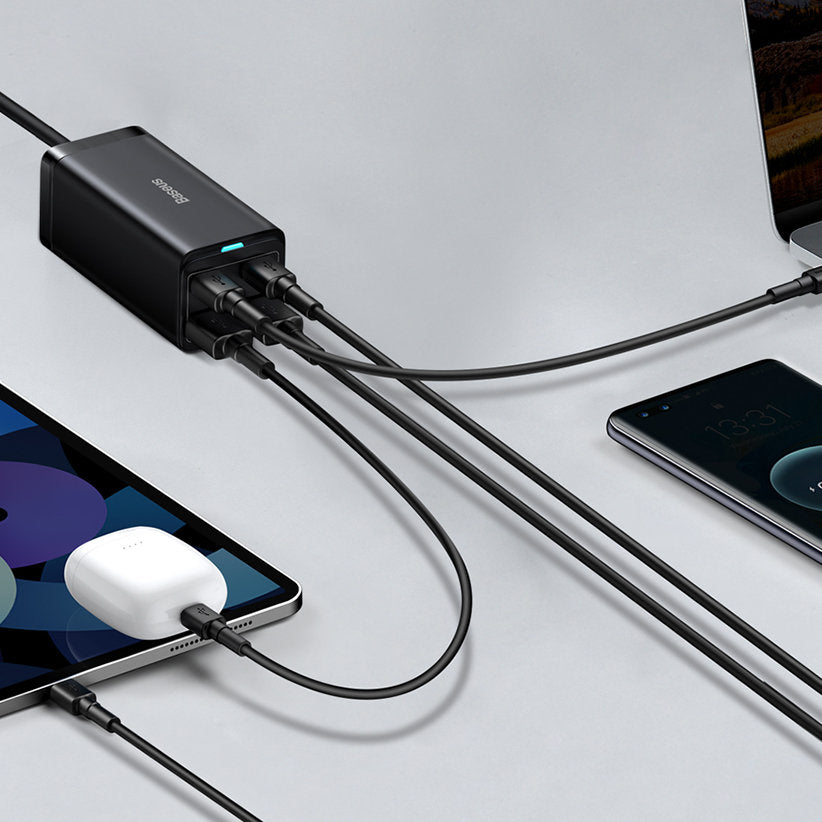 Carregador Estação USB-C Baseus GaN3 Pro, 100W, 5A, 2 x USB-A - 2 x USB-C, Preto, Reembalado CCGP000101