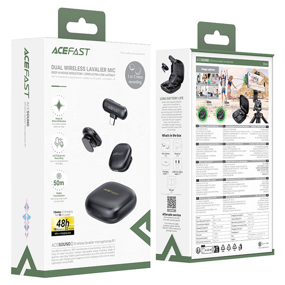 Lavalier Acefast R1, USB-C, Conjunto de 2 peças, Preto