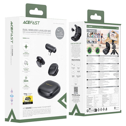 Lavalier Acefast R1, USB-C, Conjunto de 2 peças, Preto