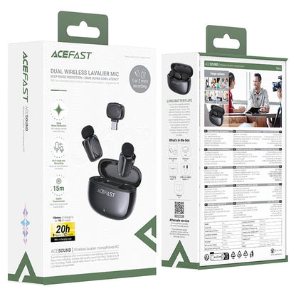 Lavalier Acefast R2, USB-C, Conjunto de 2 peças, Preto