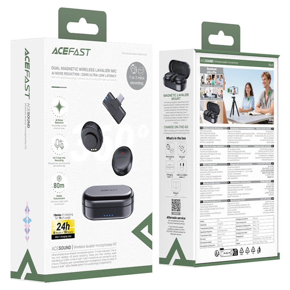 Lavalier Acefast R3, USB-C, Conjunto de 2 peças, Preto