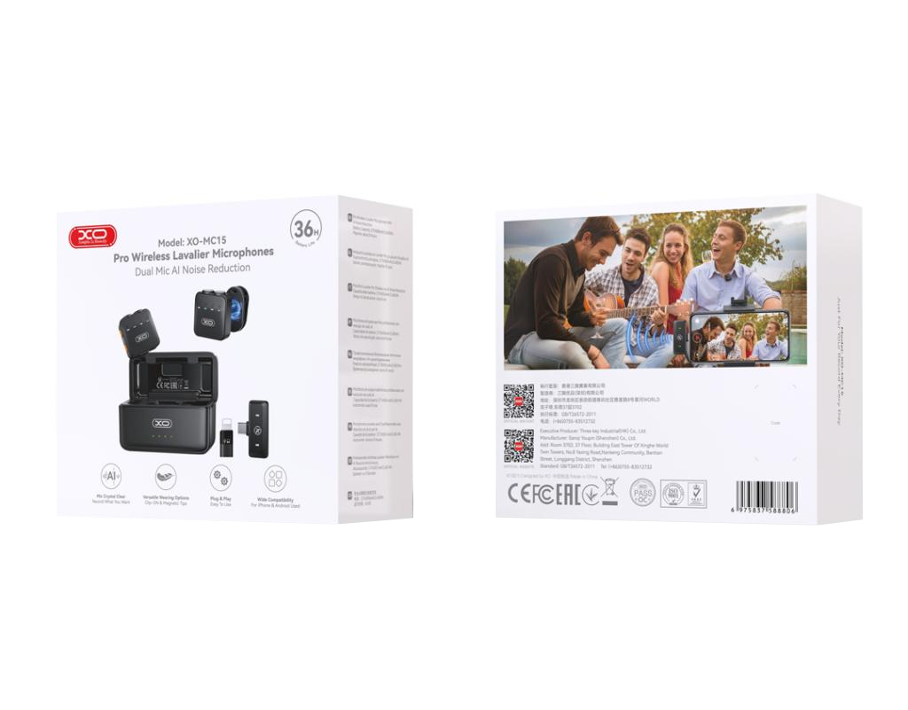 Lavalier XO Design MC15 Dual, USB-C / Lightning, Conjunto de 2 unidades, Preto