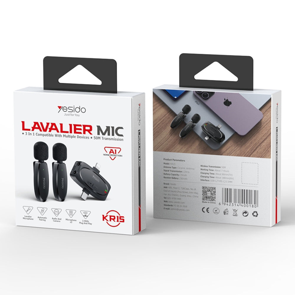 Lavalier Yesido KR15, USB-C / Lightning, Conjunto de 2 peças, Preto