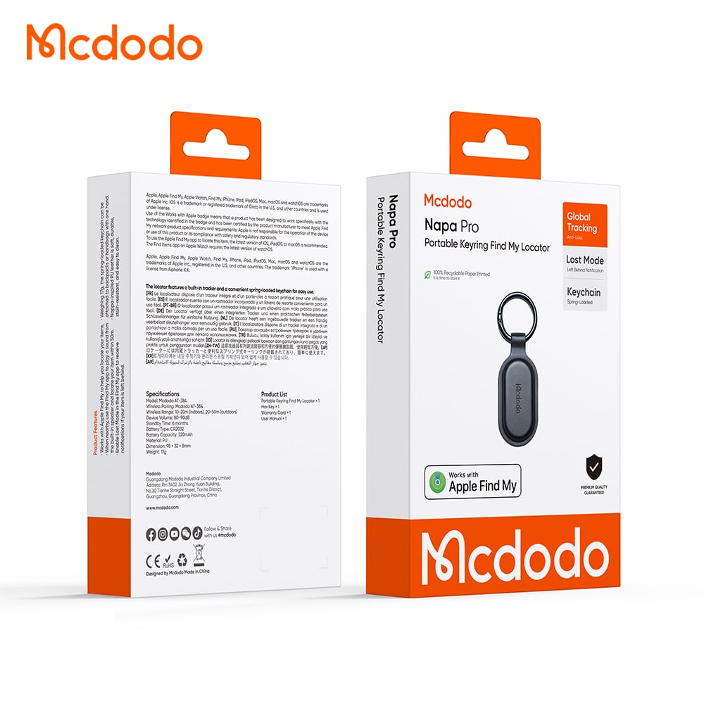 Mcdodo SmartTag Porta-chaves Napa Pro AT-3840 para iOS Series, Preto