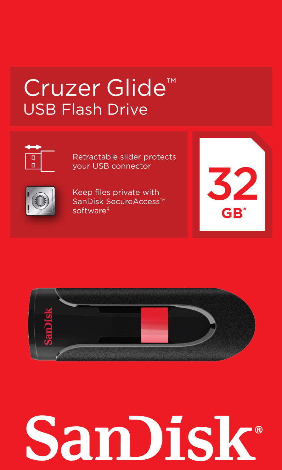Memória Externa USB-A SanDisk Cruzer Glide, 32Gb SDCZ60-032G-B35