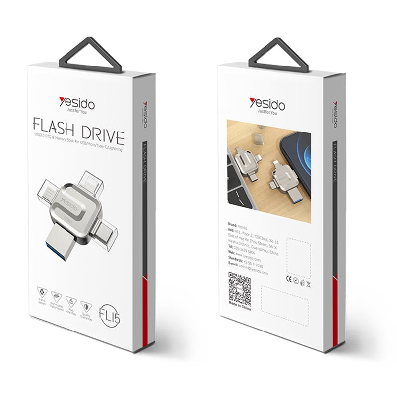 Memória Externa USB-A 3.0 / Lightning / USB-C / microUSB Yesido FL15, 64Gb