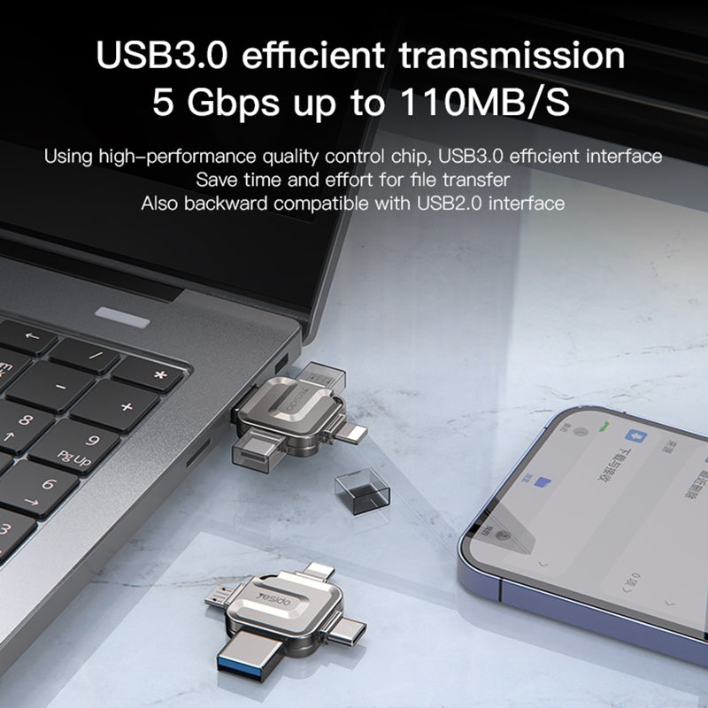 Memória Externa USB-A 3.0 / Lightning / USB-C / microUSB Yesido FL15, 64Gb