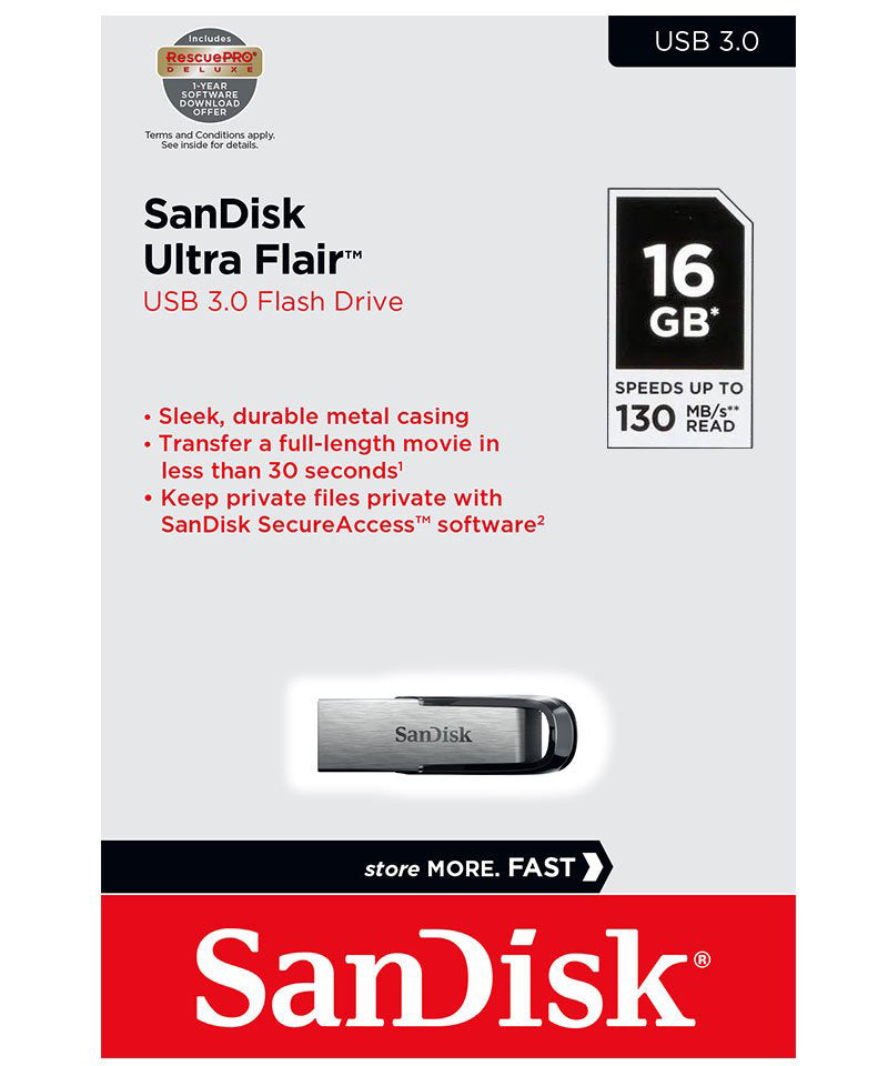 Memória Externa USB-A 3.0 SanDisk Ultra Flair, 16Gb SDCZ73-016G-G46