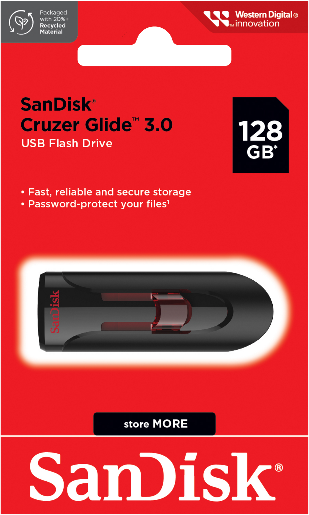 Memória Externa USB-A 3.0 SanDisk Cruzer Glide, 128Gb SDCZ600-128G-G35