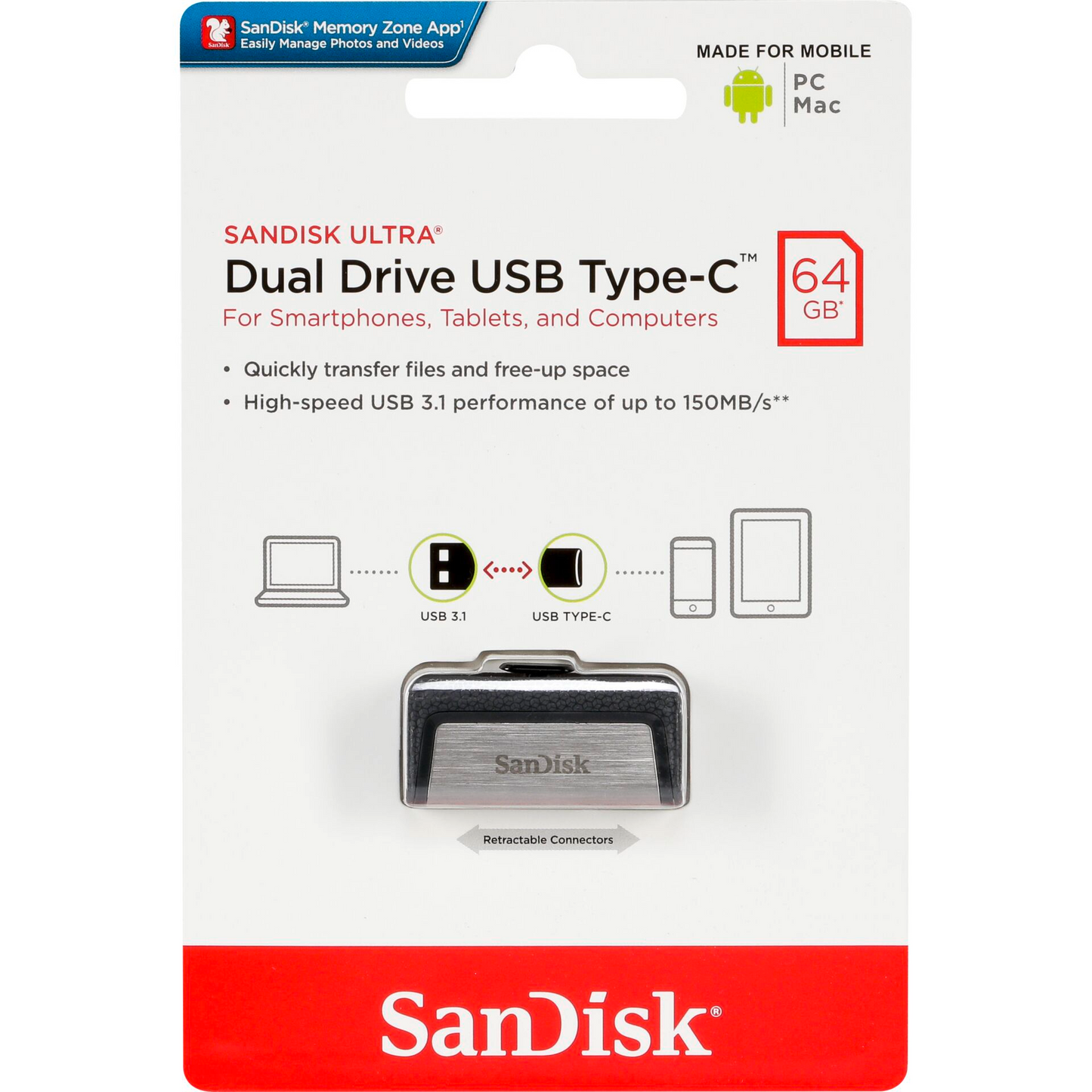 Memória Externa USB-A 3.1 / USB-C SanDisk Ultra Dual Drive, 64Gb SDDDC2-064G-G46