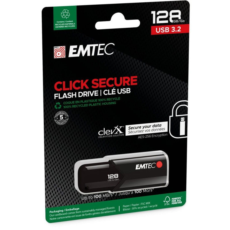 Memória Externa USB-A 3.2 Emtec B120 Click Secure, 128Gb ECMMD128GB123