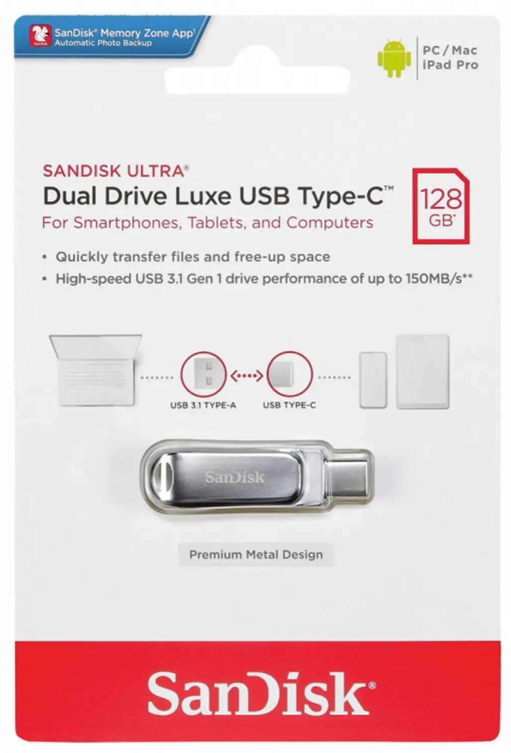 Memória Externa USB-A 3.2 / USB-C SanDisk Ultra Luxe Dual Drive, 128Gb SDDDC4-128G-G46