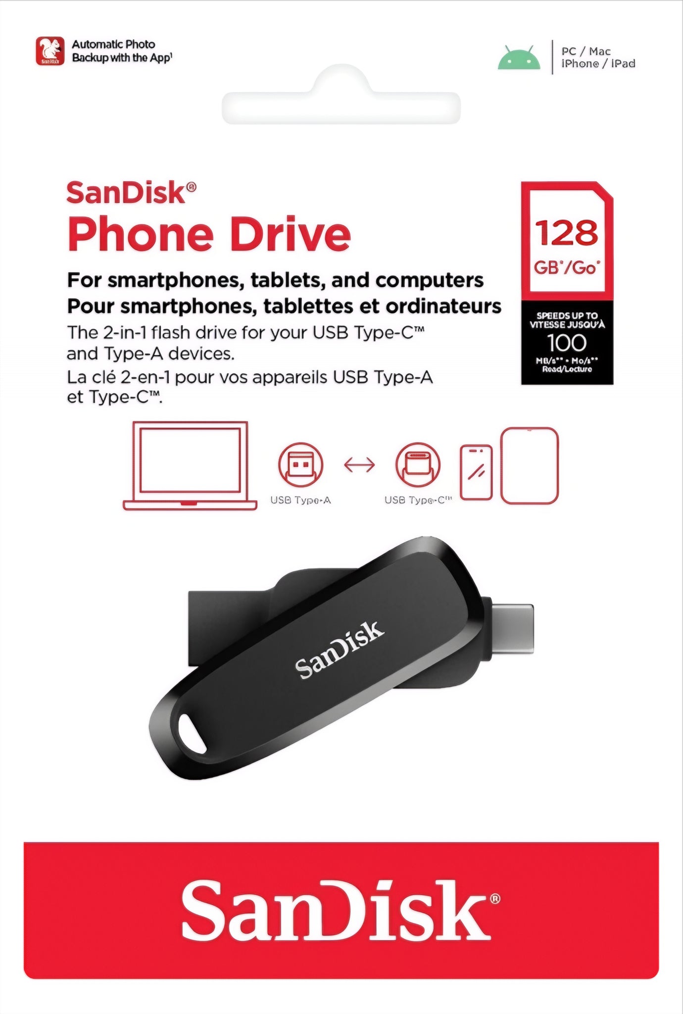 Memória Externa USB-A 3.2 / USB-C SanDisk Phone Drive, 128Gb SDDDC6-128G-G46