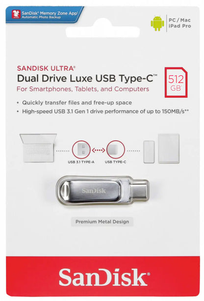 Memória Externa USB-A 3.2 / USB-C SanDisk Ultra Luxe Dual Drive, 512Gb SDDDC4-512G-G46
