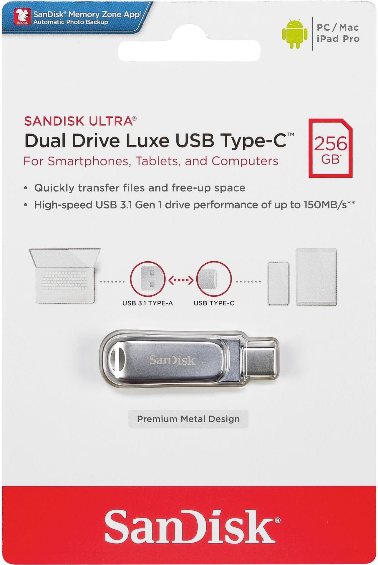 Memória Externa USB-A 3.2 / USB-C SanDisk Ultra Luxe Dual Drive, 256Gb SDDDC4-256G-G46