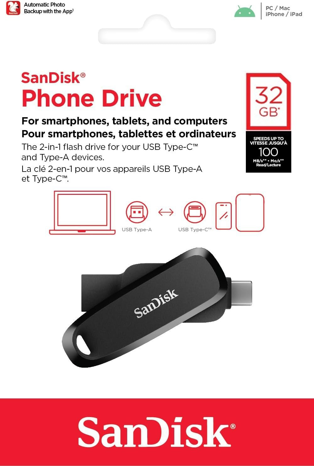 Memória Externa USB-A 3.2 / USB-C SanDisk Phone Drive, 32Gb SDDDC6-032G-G46