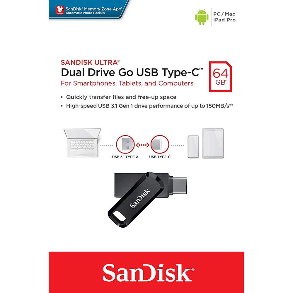 Memória Externa USB-A 3.2 / USB-C SanDisk Ultra Dual Go, 64Gb SDDDC3-064G-G46