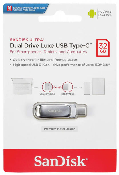 Memória Externa USB-A 3.2 / USB-C SanDisk Ultra Luxe Dual Drive, 32Gb SDDDC4-032G-G46
