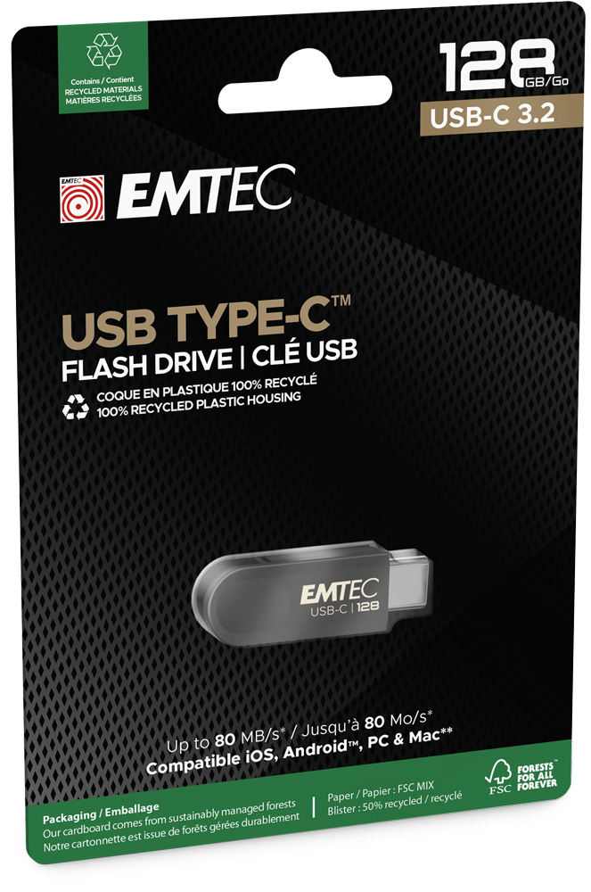 Memória Externa USB-C Emtec C280 Single, 128Gb ECMMD128GC2
