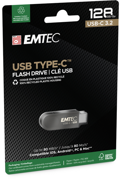 Memória Externa USB-C Emtec C280 Single, 128Gb ECMMD128GC2
