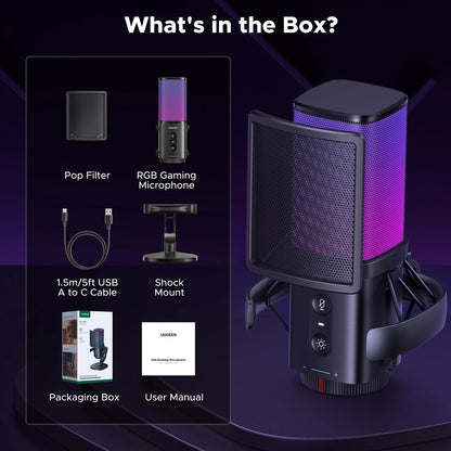 Microfone Cardióide UGREEN CM581 (65629), RGB, USB-C, 1.5m, Preto