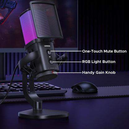 Microfone Cardióide UGREEN CM581 (65629), RGB, USB-C, 1.5m, Preto