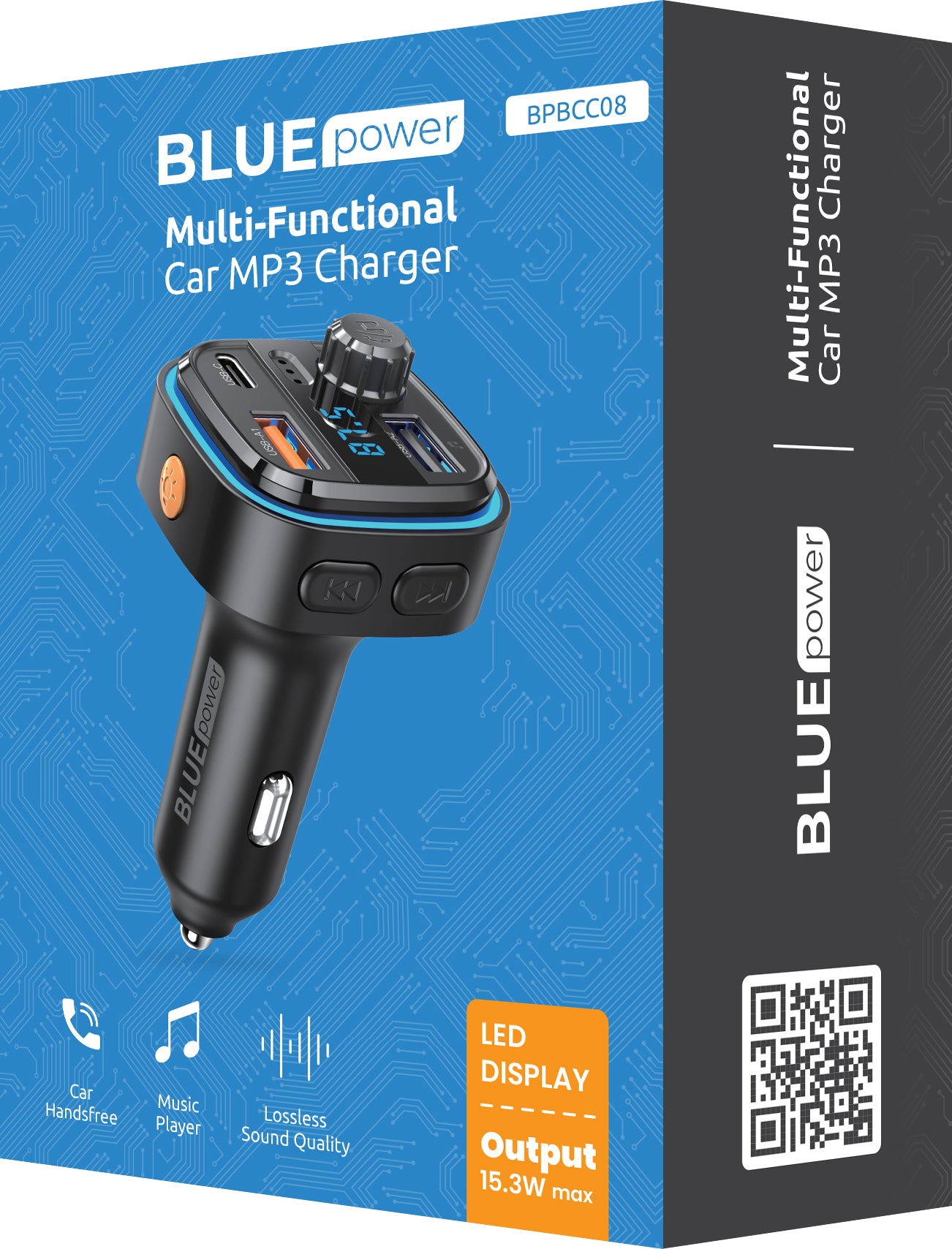 Modulador FM Bluetooth Blue Power BPBCC08, 2 x USB-A - 1 x USB-C