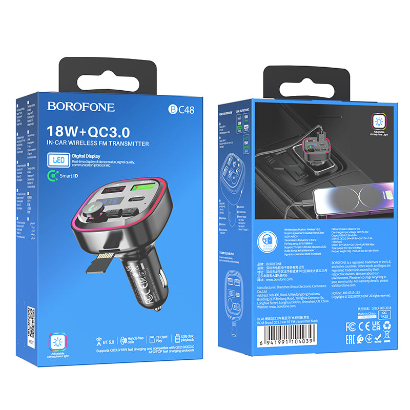 Modulador FM Bluetooth Borofone BC48, 2 x USB-A - 1 x USB-C