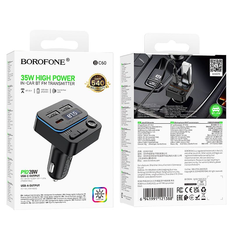 Modulador FM Bluetooth Borofone BC60 Hero, 2 x USB-A - 1 x USB-C