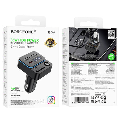 Modulador FM Bluetooth Borofone BC60 Hero, 2 x USB-A - 1 x USB-C