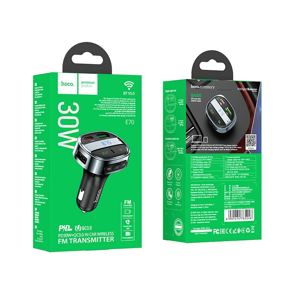 Modulador FM Bluetooth HOCO E70, 1 x USB-A - 1 x USB-C - microSD