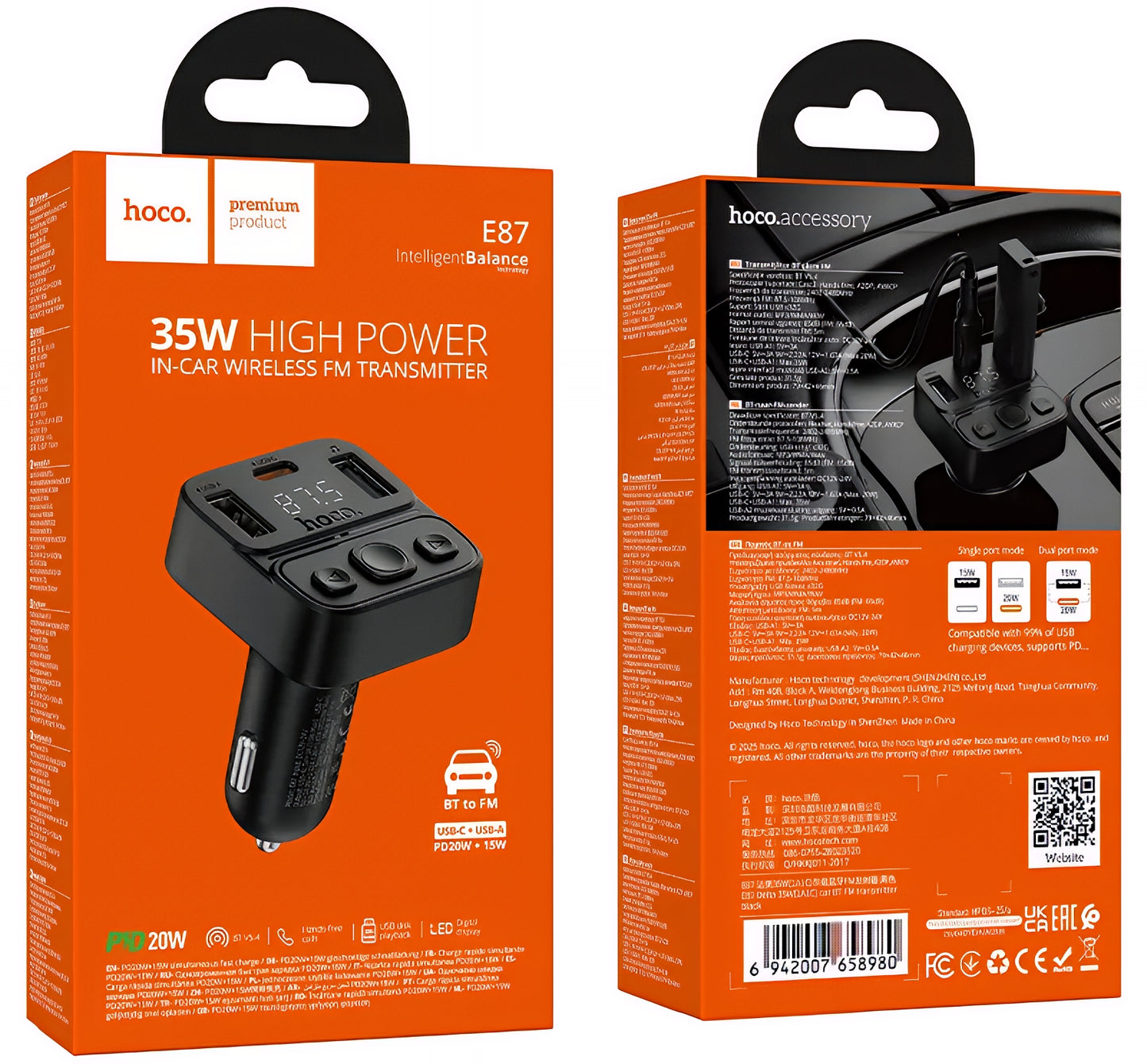 Modulador FM Bluetooth HOCO E87, 2 x USB-A - 1 x USB-C