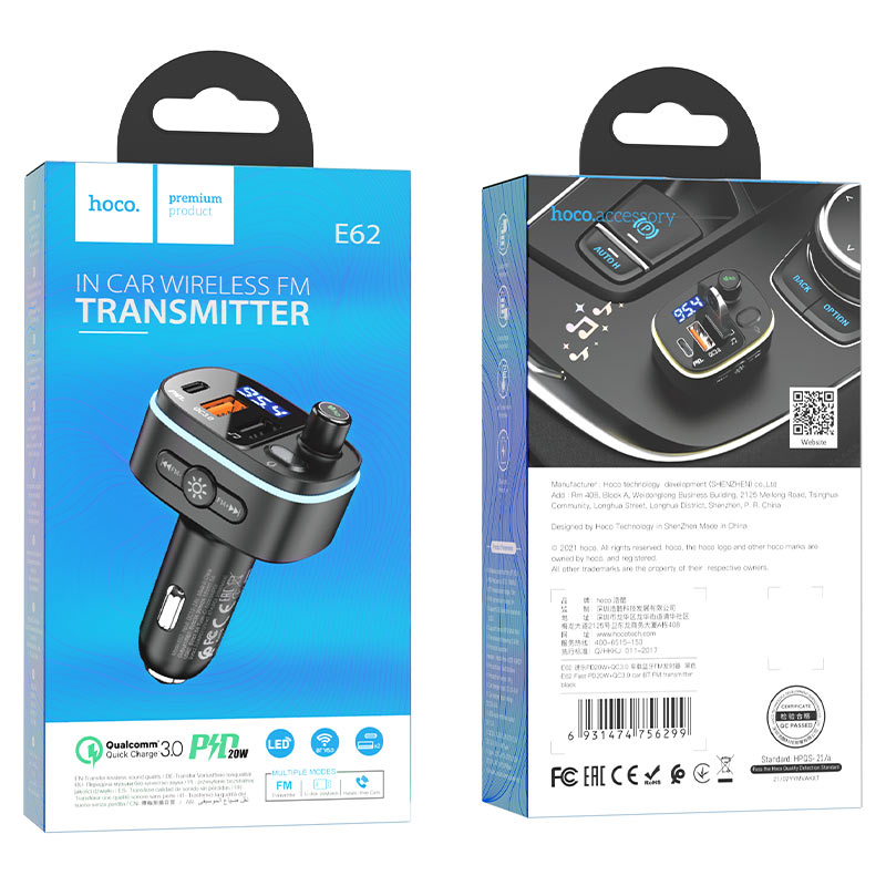 Modulador FM Bluetooth HOCO E62 Fast, 2 x USB-A - 1 x USB-C