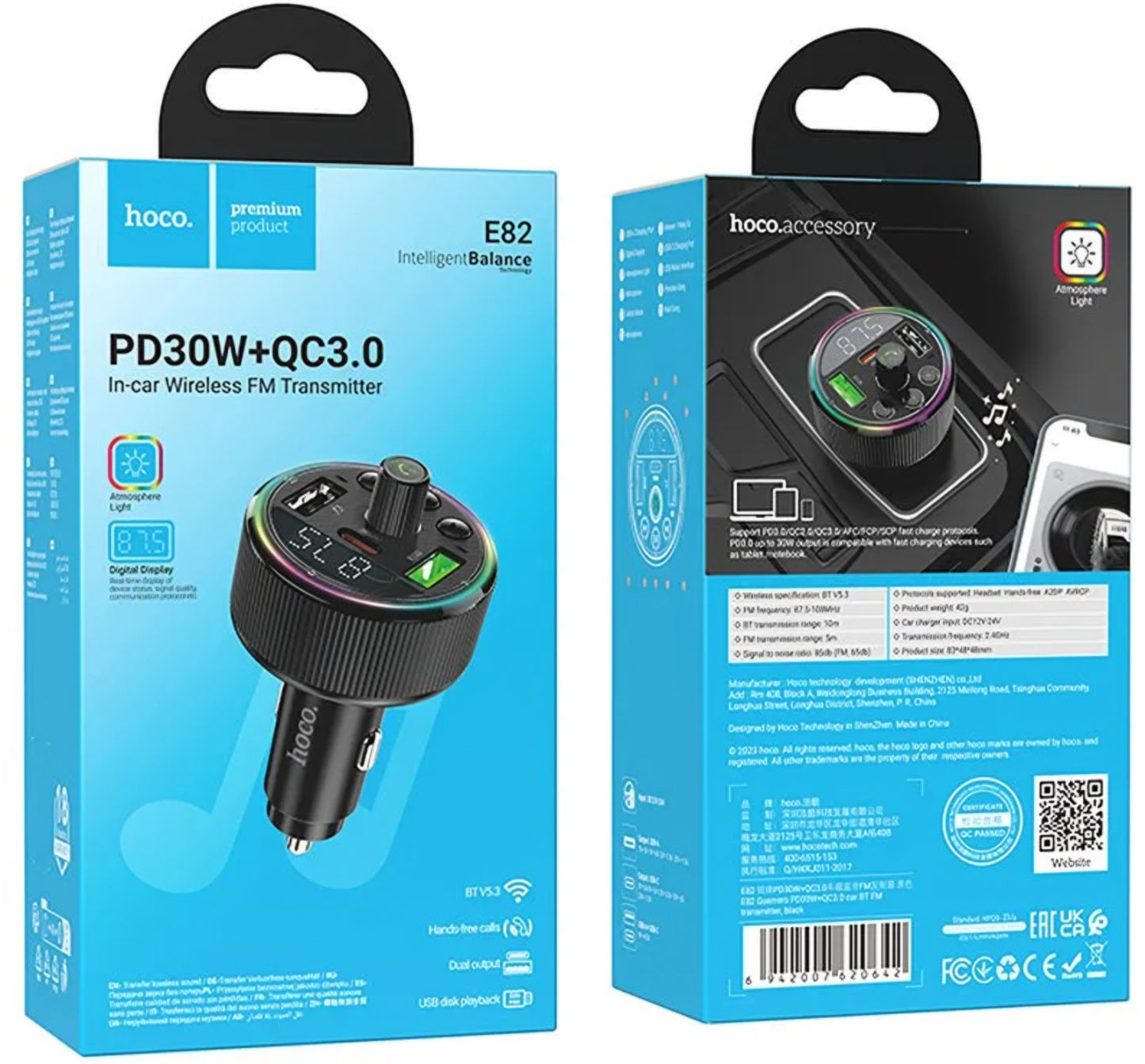 Modulador FM Bluetooth HOCO E82, 2 x USB-A - 1 x USB-C