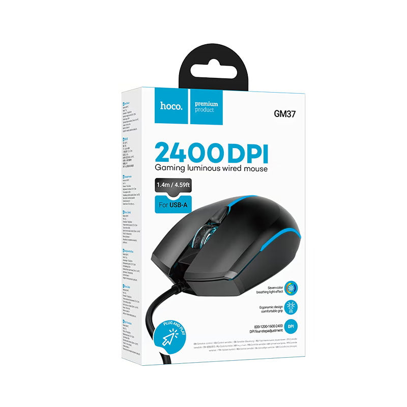 Rato Gaming Com Fio USB HOCO GM37, RGB, 2400DPI, Preto