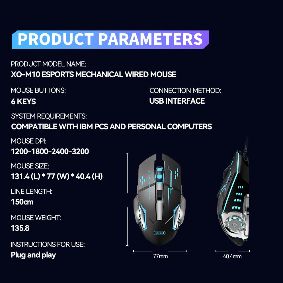 Rato Gaming Com Fio USB XO Design M10, RGB, 3200DPI, Preto