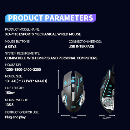 Rato Gaming Com Fio USB XO Design M10, RGB, 3200DPI, Preto