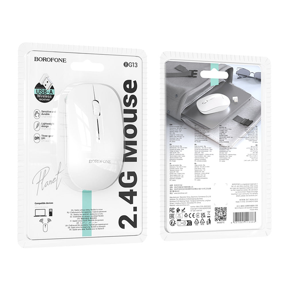 Mouse Wireless Borofone BG14 Planet, 1000DPI, BT / Wi-Fi, Branco