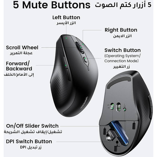 Mouse Wireless UGREEN MU101, 4000DPI, BT / Wi-Fi, Preto