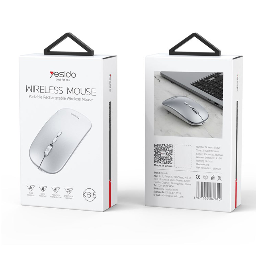 Mouse Wireless Yesido KB15, 800DPI - 1600DPI, Prateado