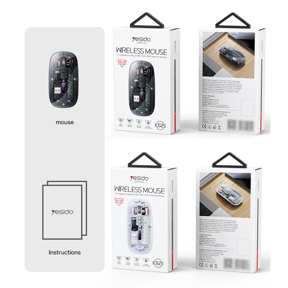 Mouse Wireless Yesido KB29, 800DPI - 1600DPI, BT / Wi-Fi, Branco