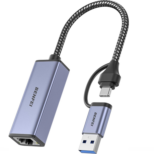 Placa de Rede Benfei, RJ45, USB-C / USB, Cinzento