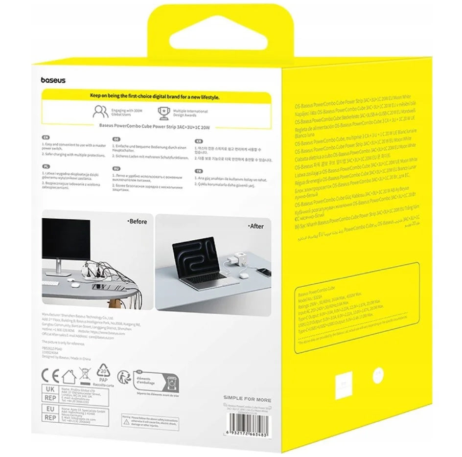 Baseus PowerCombo 7in1 Extension Cord, 20W, 3A, 3 x USB-A - 1 x USB-C - 3 x Schuko, White E00066401213-00